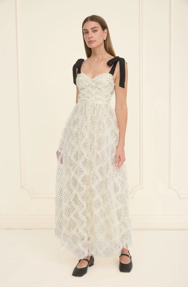 Textured Polka Dot Tulle Corset Midi Dress