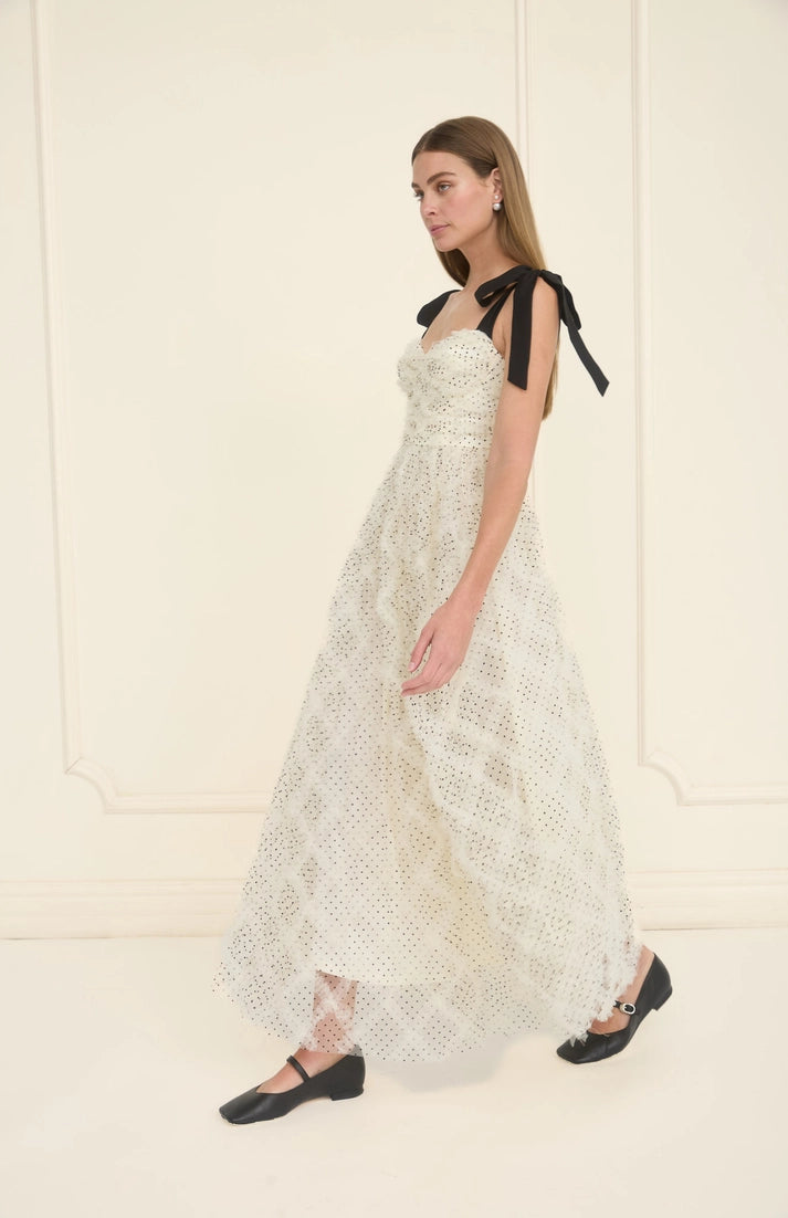 Textured Polka Dot Tulle Corset Midi Dress