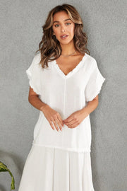 Textured Woven Top With Raw Edge Wht-TOP-VENTI6-S-Urbanheer