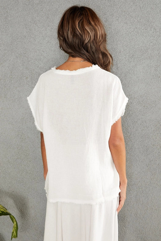 Textured Woven Top With Raw Edge Wht