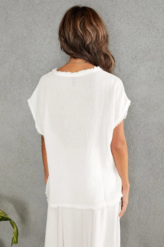 Textured Woven Top With Raw Edge Wht-TOP-VENTI6-S-Urbanheer