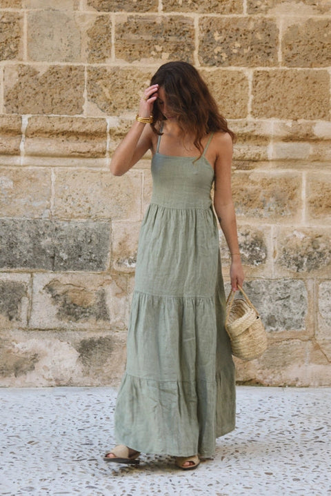 The Alma Dress // Sage-Dress-Beachwood-Bust: 36" (46" back elastic stretched) Length: 56" (with straps tied)-Urbanheer