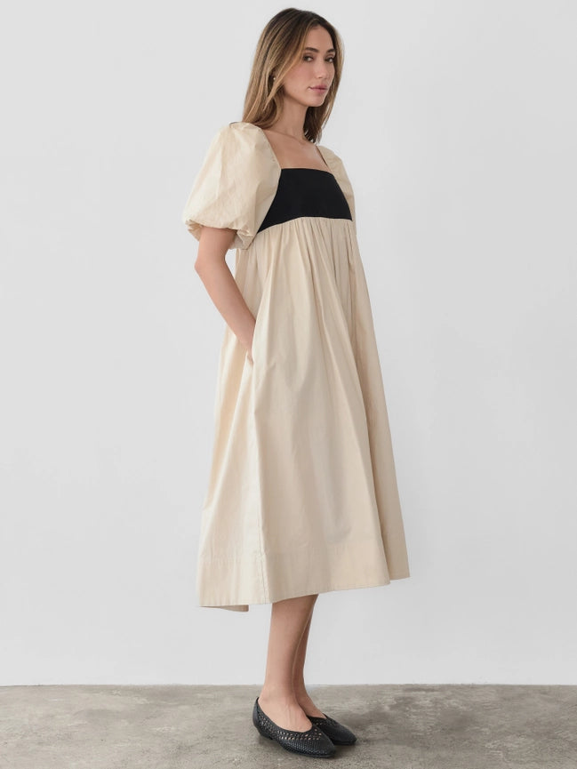 The Amias Dress | Flair Puff-Sleeve Midi Dress-Dress-MOD REF-S-BEIGE-Urbanheer