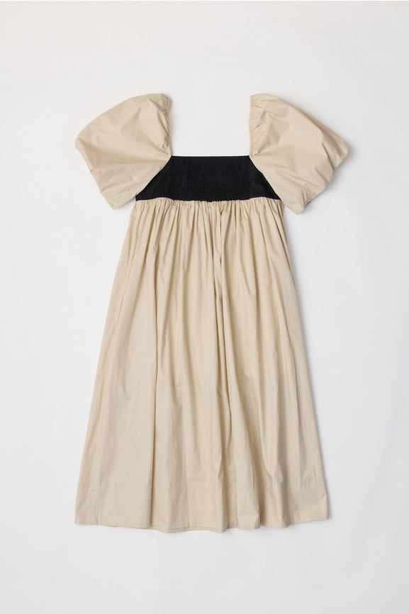The Amias Dress | Flair Puff-Sleeve Midi Dress-Dress-MOD REF-S-BEIGE-Urbanheer