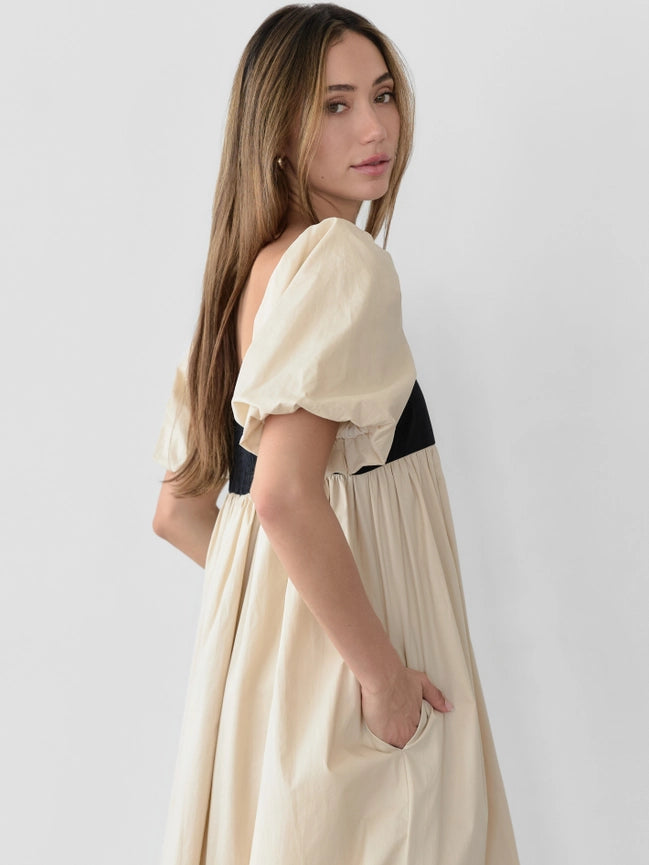 The Amias Dress | Flair Puff-Sleeve Midi Dress-Dress-MOD REF-S-BEIGE-Urbanheer