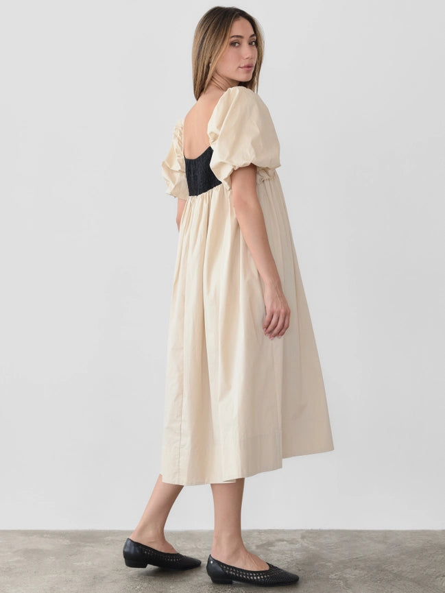 The Amias Dress | Flair Puff-Sleeve Midi Dress-Dress-MOD REF-S-BEIGE-Urbanheer