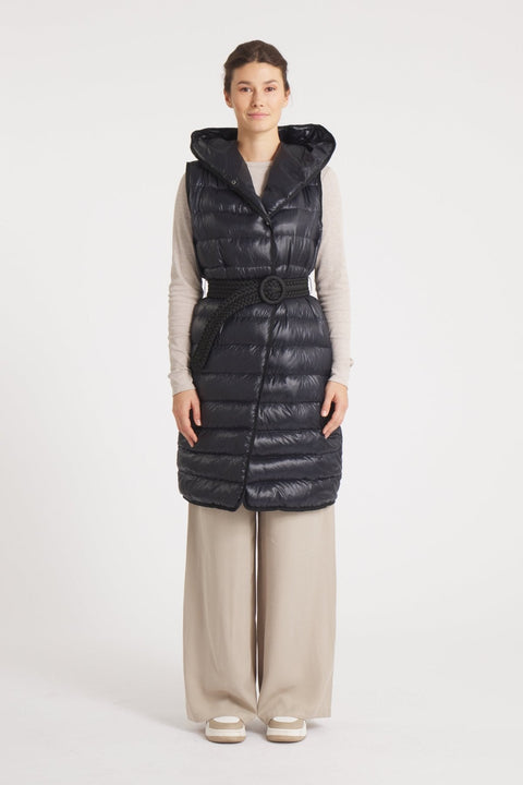 The Camden | Long Hooded Down Vest | Midnight Black