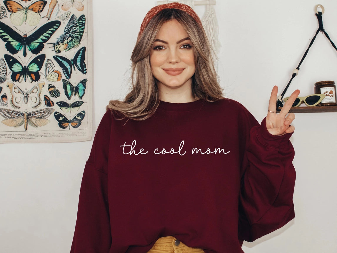 The Cool Mom Crewneck Sweatshirt Minimalist Sweater For Mom-Sweatshirt-P E T I T R U E-S-maroon-Urbanheer