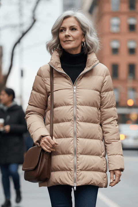 The Dorchester | Down Coat with Chunky Zipper | Taupe