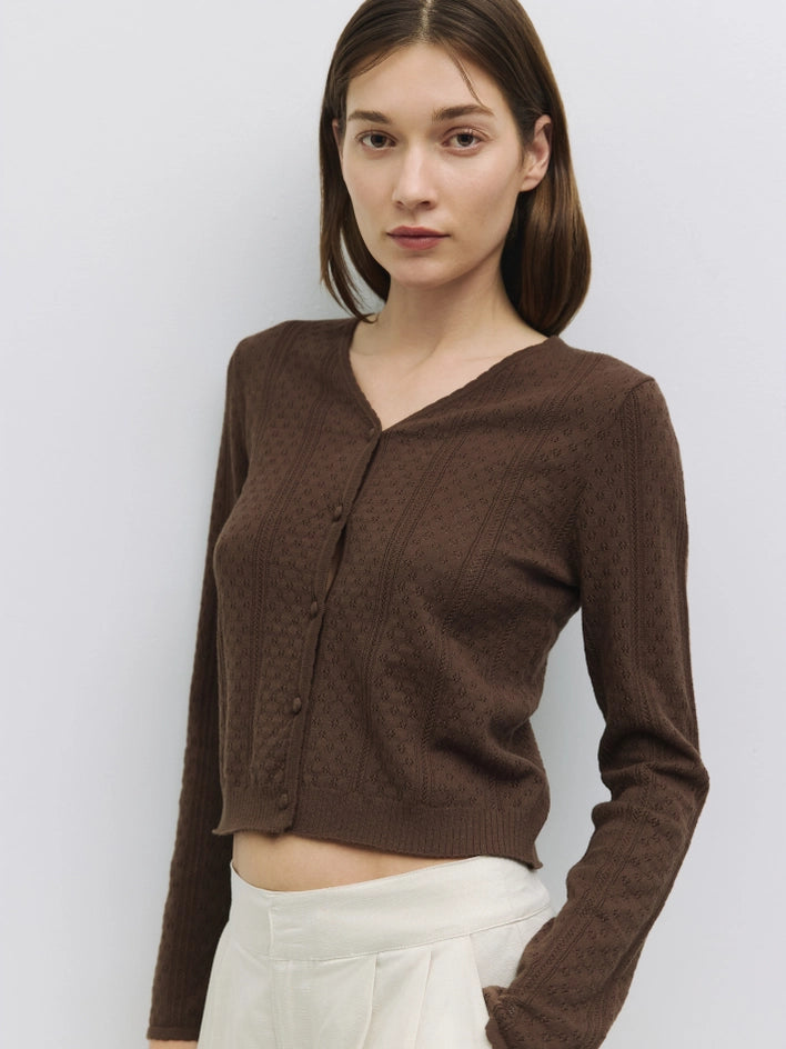 The Faye Top | Knit Pointelle Cardigan Top BROWN-Top-All Row-S-BLACK-Urbanheer