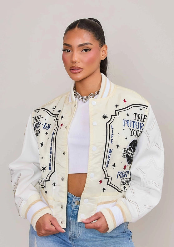 The Future Is Yours Varsity Jacket-Jacket-Vibrant M.i.U-S-Cream-Urbanheer