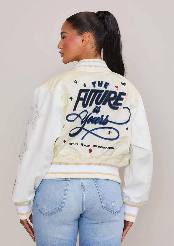 The Future Is Yours Varsity Jacket-Jacket-Vibrant M.i.U-S-Cream-Urbanheer