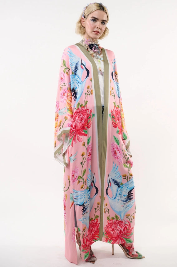 The Legend of the Crane Maxi Kimono / Topper-Kimono-Aratta-One Size-Rose Crane-Urbanheer
