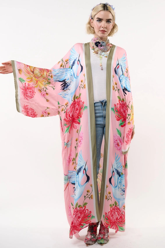 The Legend of the Crane Maxi Kimono / Topper-Kimono-Aratta-One Size-Rose Crane-Urbanheer