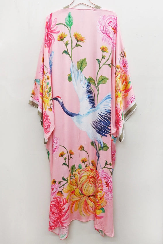 The Legend of the Crane Maxi Kimono / Topper-Kimono-Aratta-One Size-Rose Crane-Urbanheer