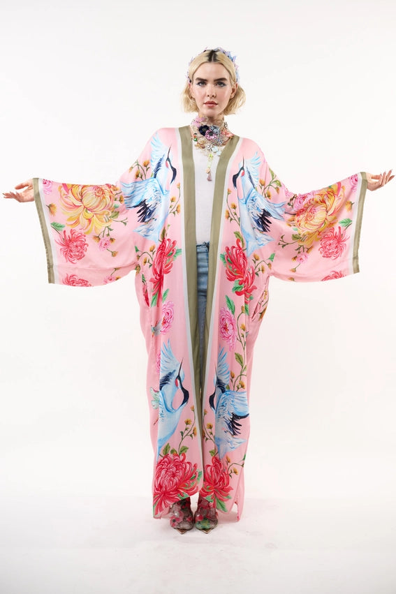 The Legend of the Crane Maxi Kimono / Topper-Kimono-Aratta-One Size-Rose Crane-Urbanheer