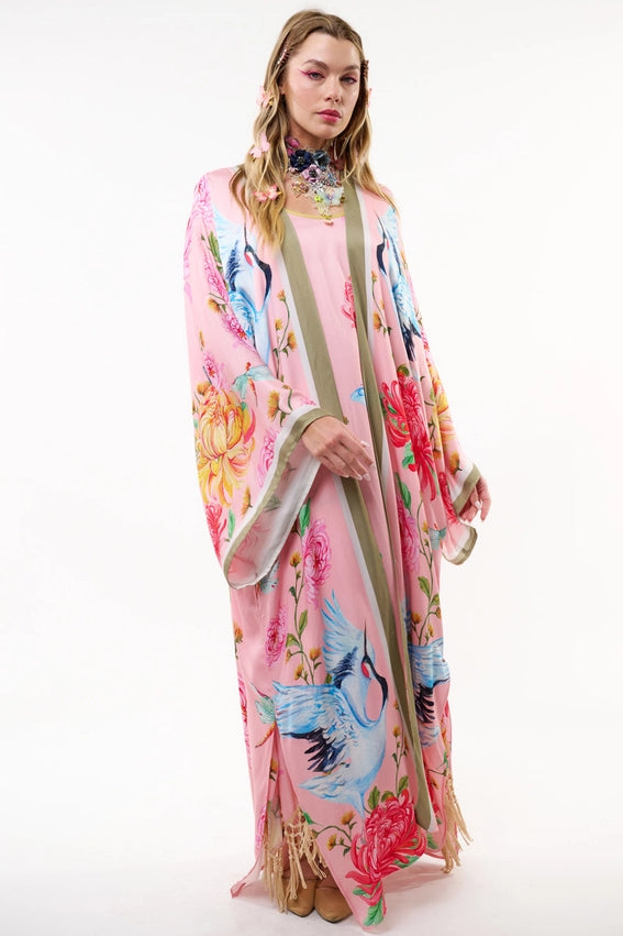 The Legend of the Crane Maxi Kimono / Topper-Kimono-Aratta-One Size-Rose Crane-Urbanheer