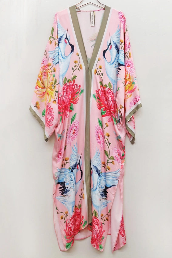 The Legend of the Crane Maxi Kimono / Topper-Kimono-Aratta-One Size-Rose Crane-Urbanheer