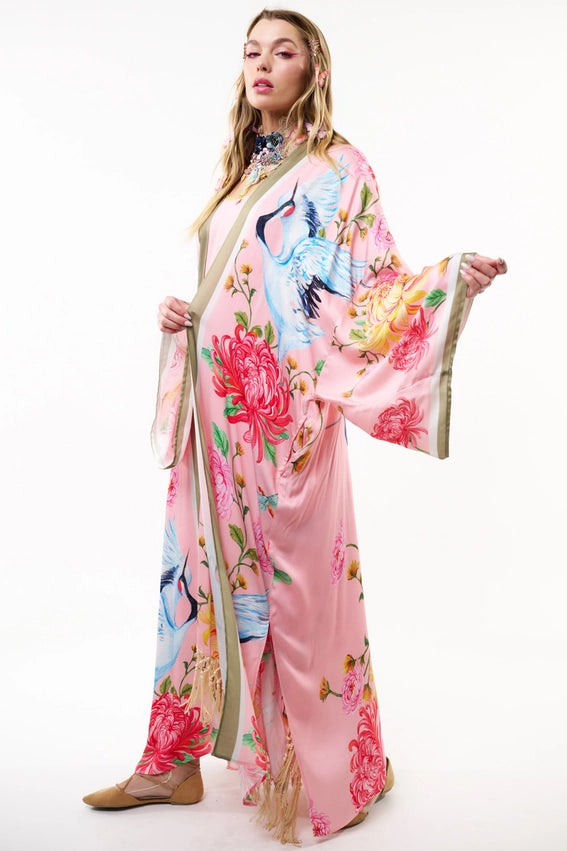 The Legend of the Crane Maxi Kimono / Topper-Kimono-Aratta-One Size-Rose Crane-Urbanheer