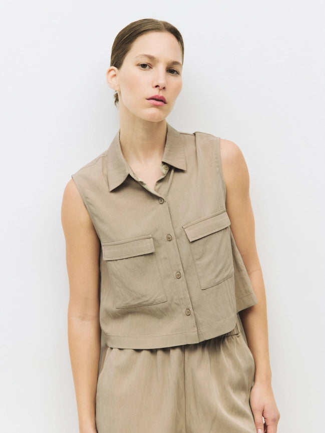 The Marion Top | Sleeveless Shirt with Cargo Pockets BEIGE-Top-MOD REF-S-BEIGE-Urbanheer