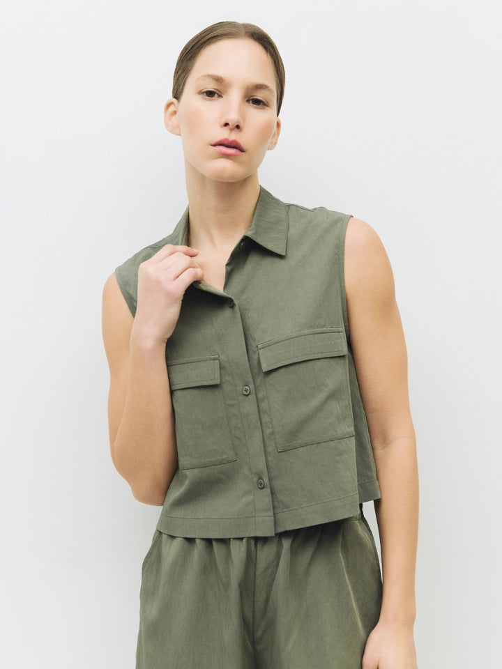 The Marion Top | Sleeveless Shirt with Cargo Pockets OLIVE-Top-MOD REF-S-OLIVE-Urbanheer