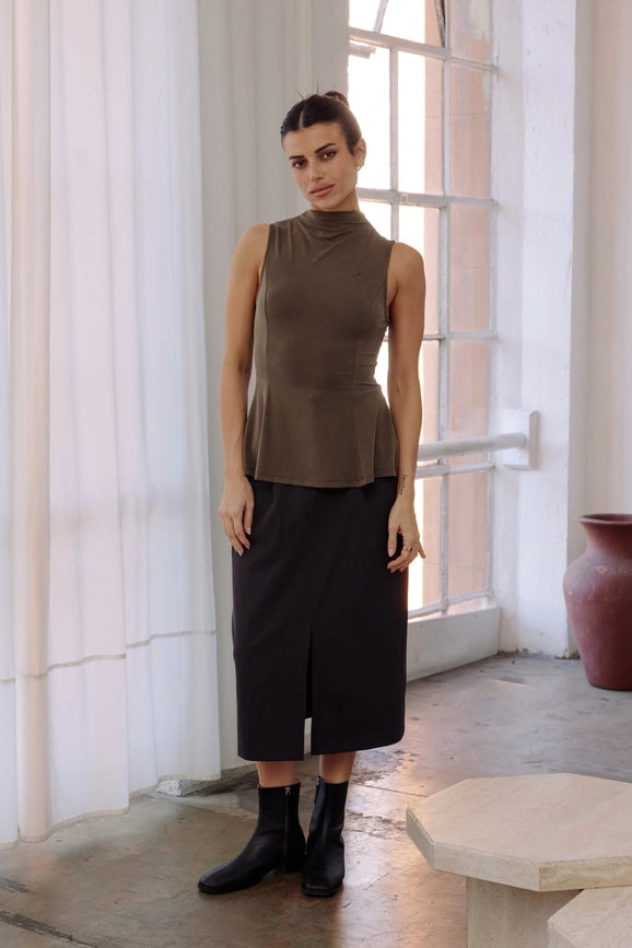 The Penny Skirt | Tailored Midi Skirt with Front Slit CHARCOAL-Skirts-All Row-S-Urbanheer