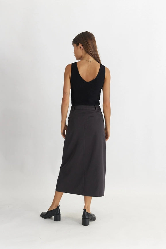 The Penny Skirt | Tailored Midi Skirt with Front Slit CHARCOAL-Skirts-All Row-S-Urbanheer