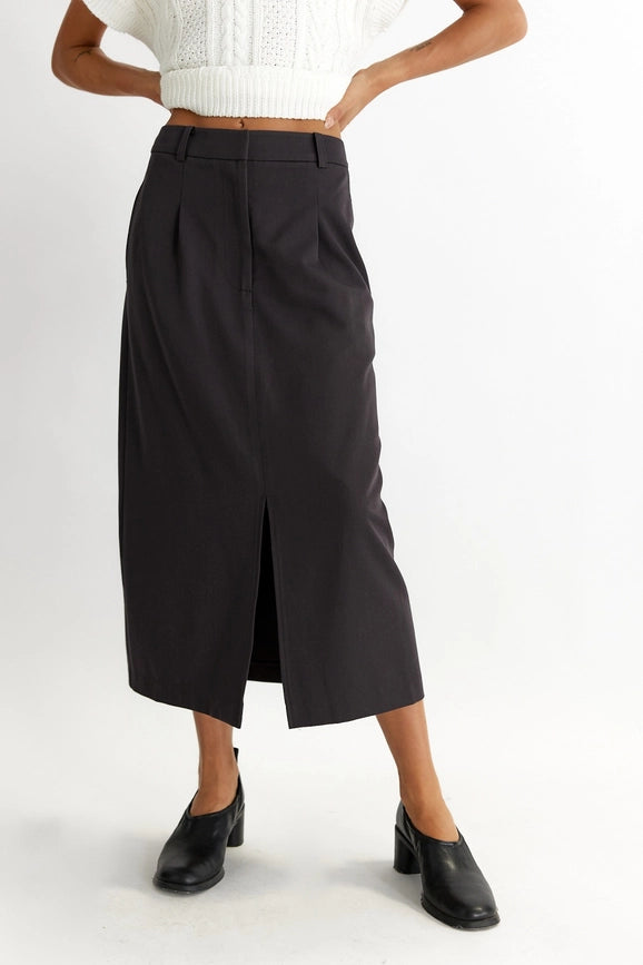 The Penny Skirt | Tailored Midi Skirt with Front Slit CHARCOAL-Skirts-All Row-S-Urbanheer