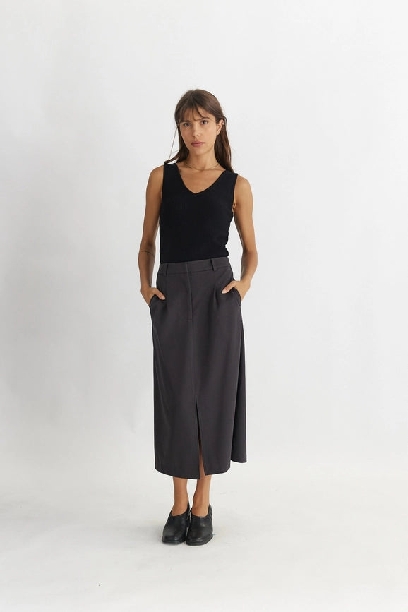 The Penny Skirt | Tailored Midi Skirt with Front Slit CHARCOAL-Skirts-All Row-S-Urbanheer