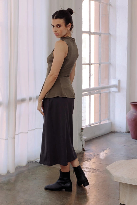 The Penny Skirt | Tailored Midi Skirt with Front Slit CHARCOAL-Skirts-All Row-S-Urbanheer