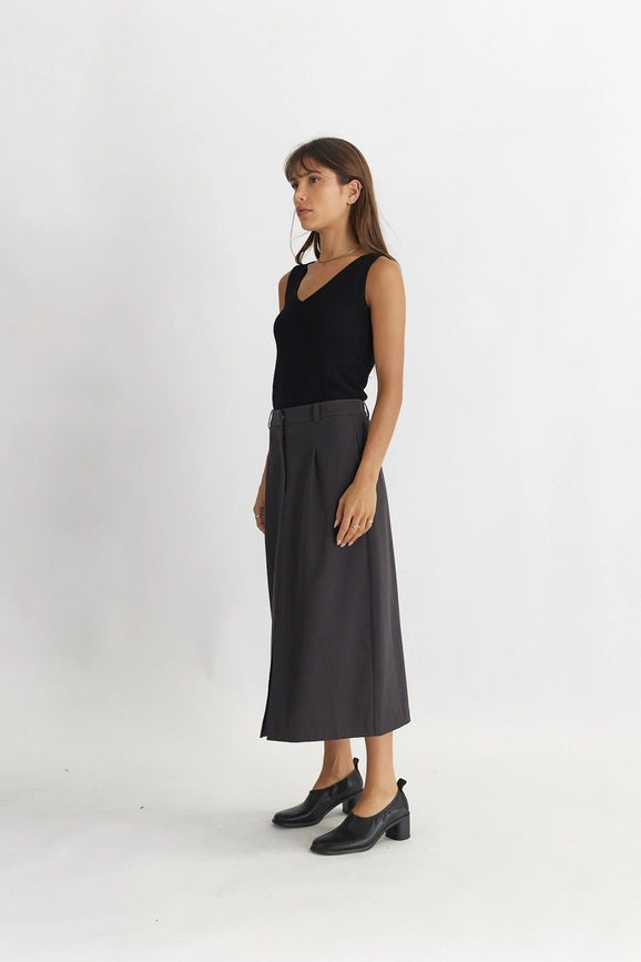 The Penny Skirt | Tailored Midi Skirt with Front Slit CHARCOAL-Skirts-All Row-S-Urbanheer