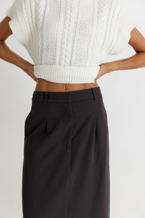 The Penny Skirt | Tailored Midi Skirt with Front Slit CHARCOAL-Skirts-All Row-S-Urbanheer