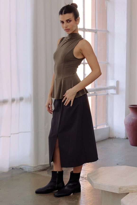 The Penny Skirt | Tailored Midi Skirt with Front Slit CHARCOAL-Skirts-All Row-S-Urbanheer