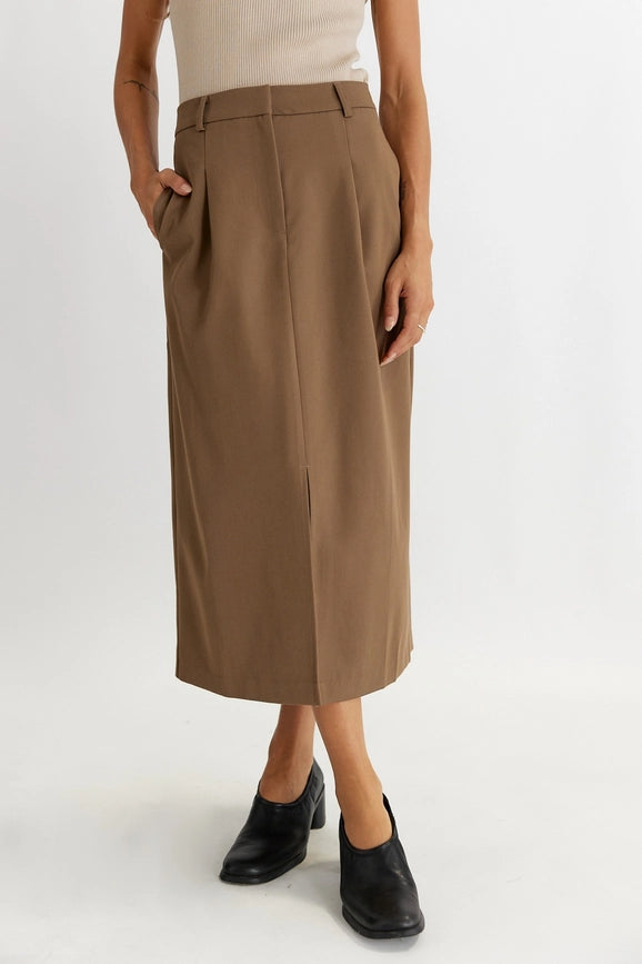 The Penny Skirt | Tailored Midi Skirt with Front Slit MOCHA-Skirts-All Row-S-Urbanheer