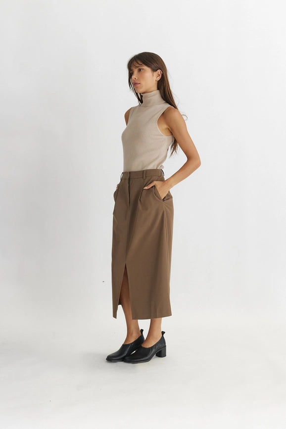 The Penny Skirt | Tailored Midi Skirt with Front Slit MOCHA-Skirts-All Row-S-Urbanheer