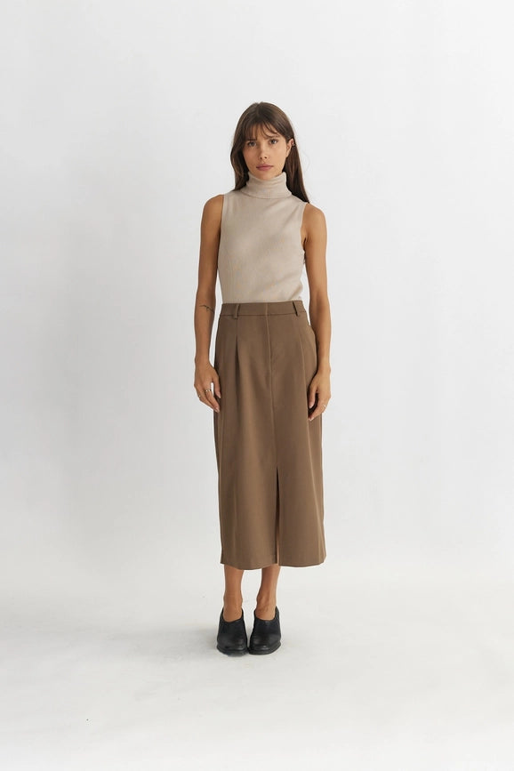 The Penny Skirt | Tailored Midi Skirt with Front Slit MOCHA-Skirts-All Row-S-Urbanheer