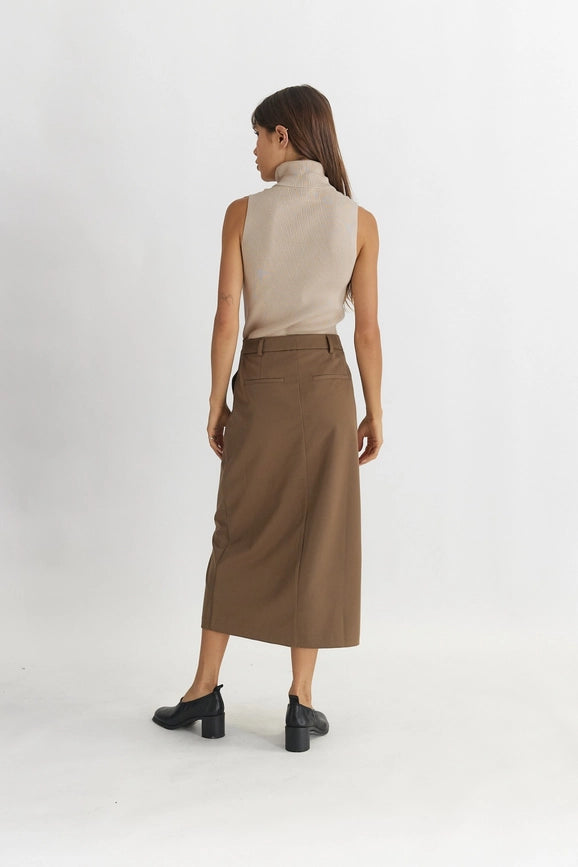 The Penny Skirt | Tailored Midi Skirt with Front Slit MOCHA-Skirts-All Row-S-Urbanheer