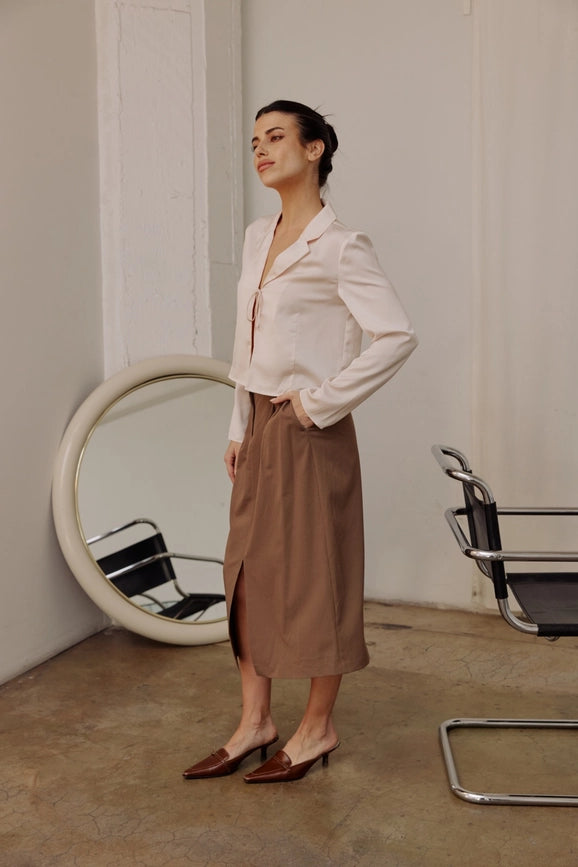 The Penny Skirt | Tailored Midi Skirt with Front Slit MOCHA-Skirts-All Row-S-Urbanheer