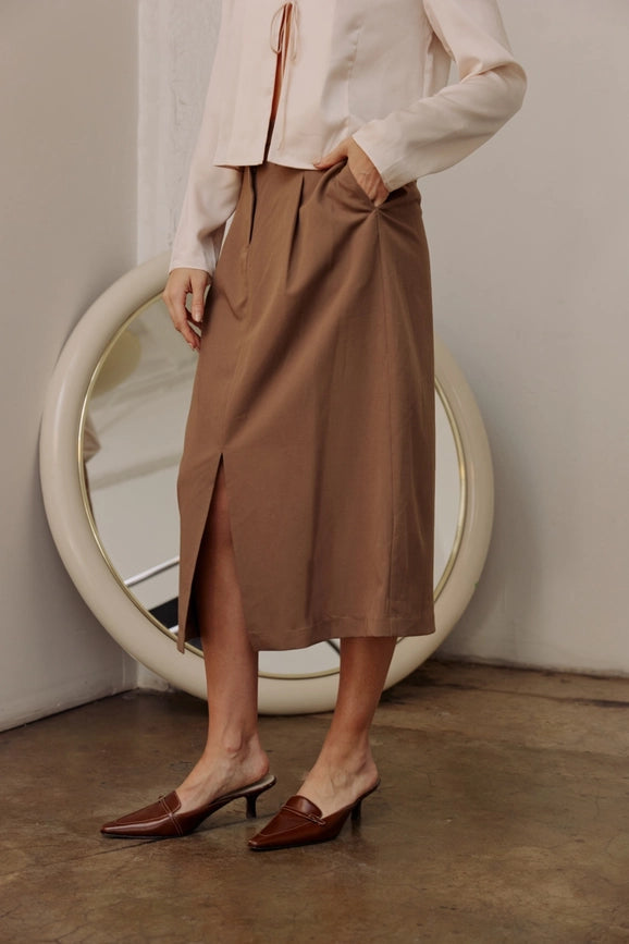 The Penny Skirt | Tailored Midi Skirt with Front Slit MOCHA-Skirts-All Row-S-Urbanheer