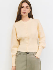 The Rosaline Top | Button-Down Knit Blouse with Ribbed Waist - Cream