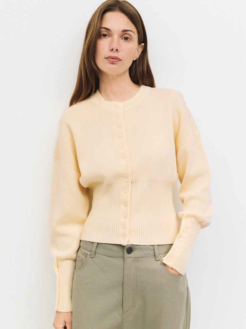 The Rosaline Top | Button-Down Knit Blouse with Ribbed Waist