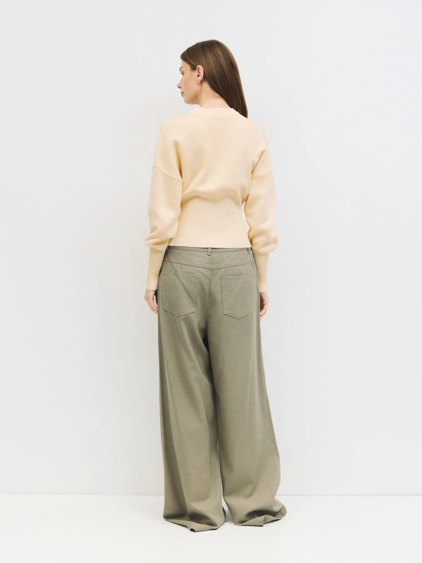 The Rosaline Top | Button-Down Knit Blouse with Ribbed Waist - Cream