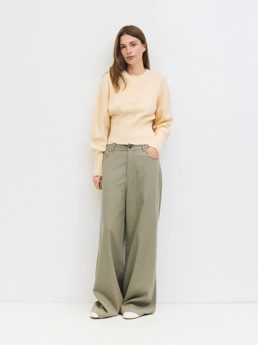 The Rosaline Top | Button-Down Knit Blouse with Ribbed Waist - Cream