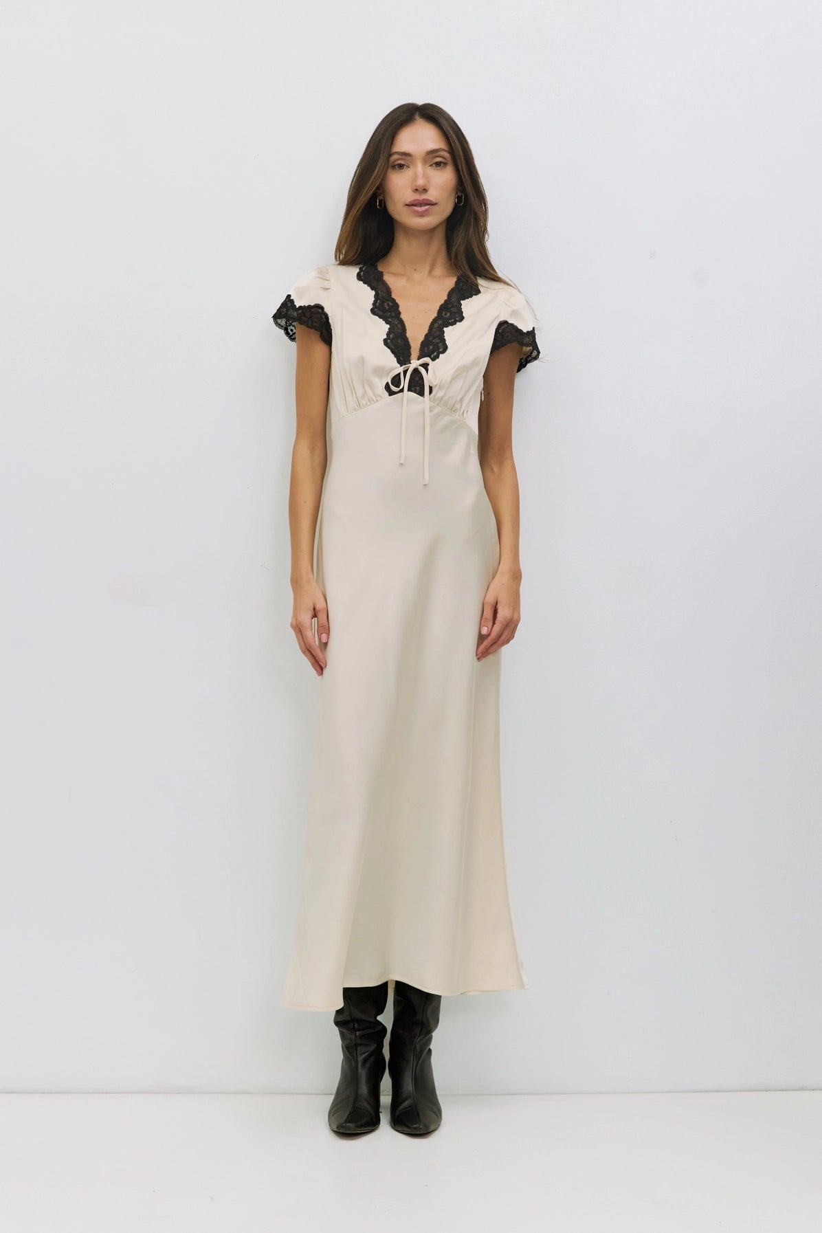 The Vivienne Dress | Lace Trim Satin Midi Dress