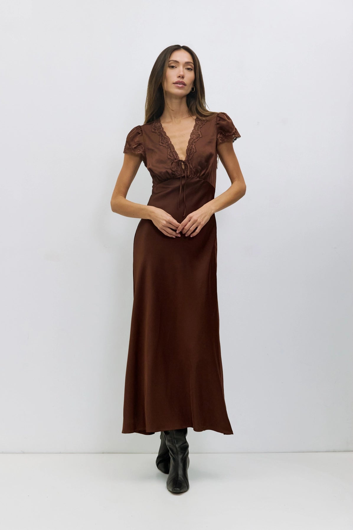 The Vivienne Dress | Lace Trim Satin Midi Dress