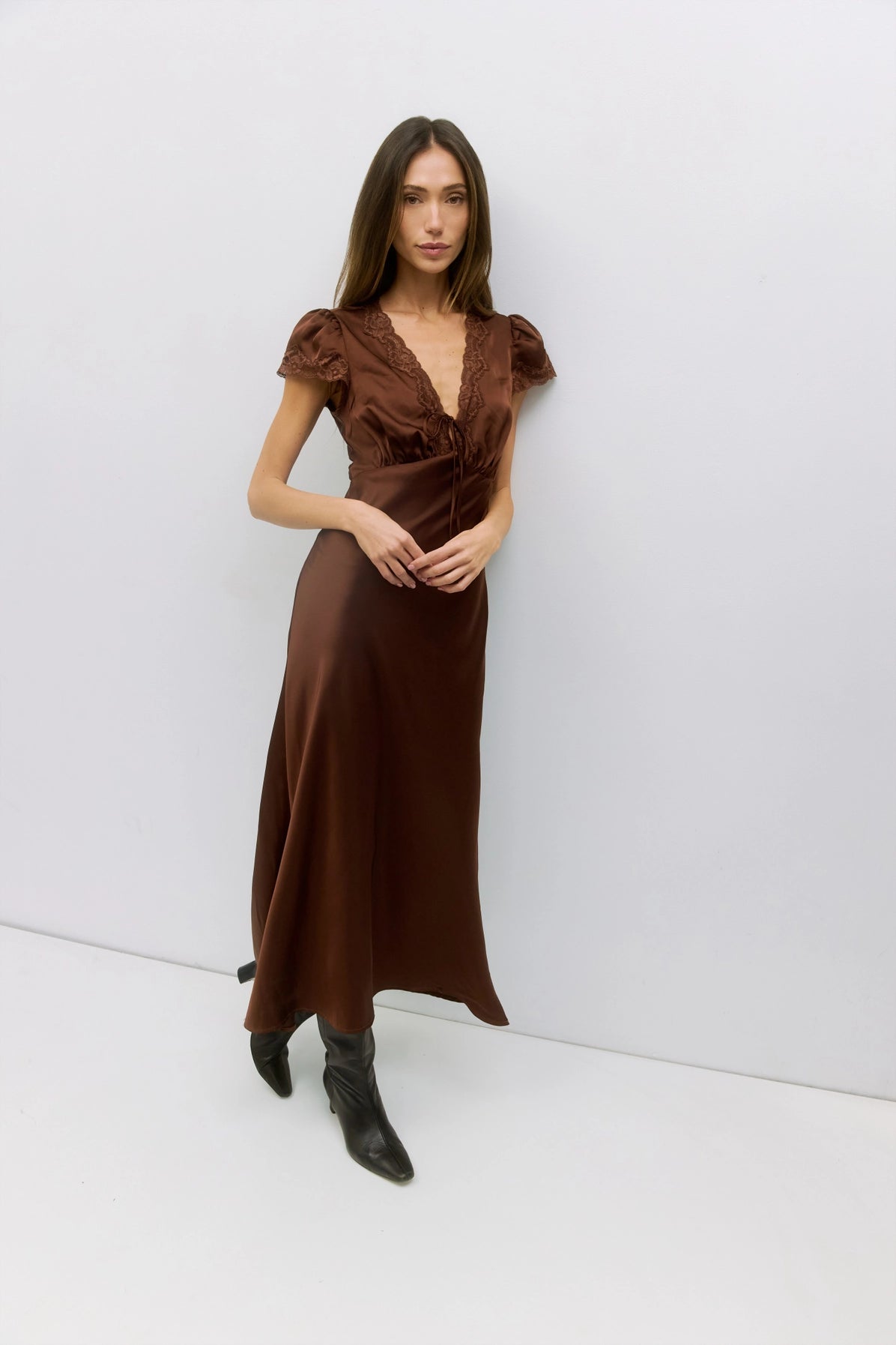 The Vivienne Dress | Lace Trim Satin Midi Dress