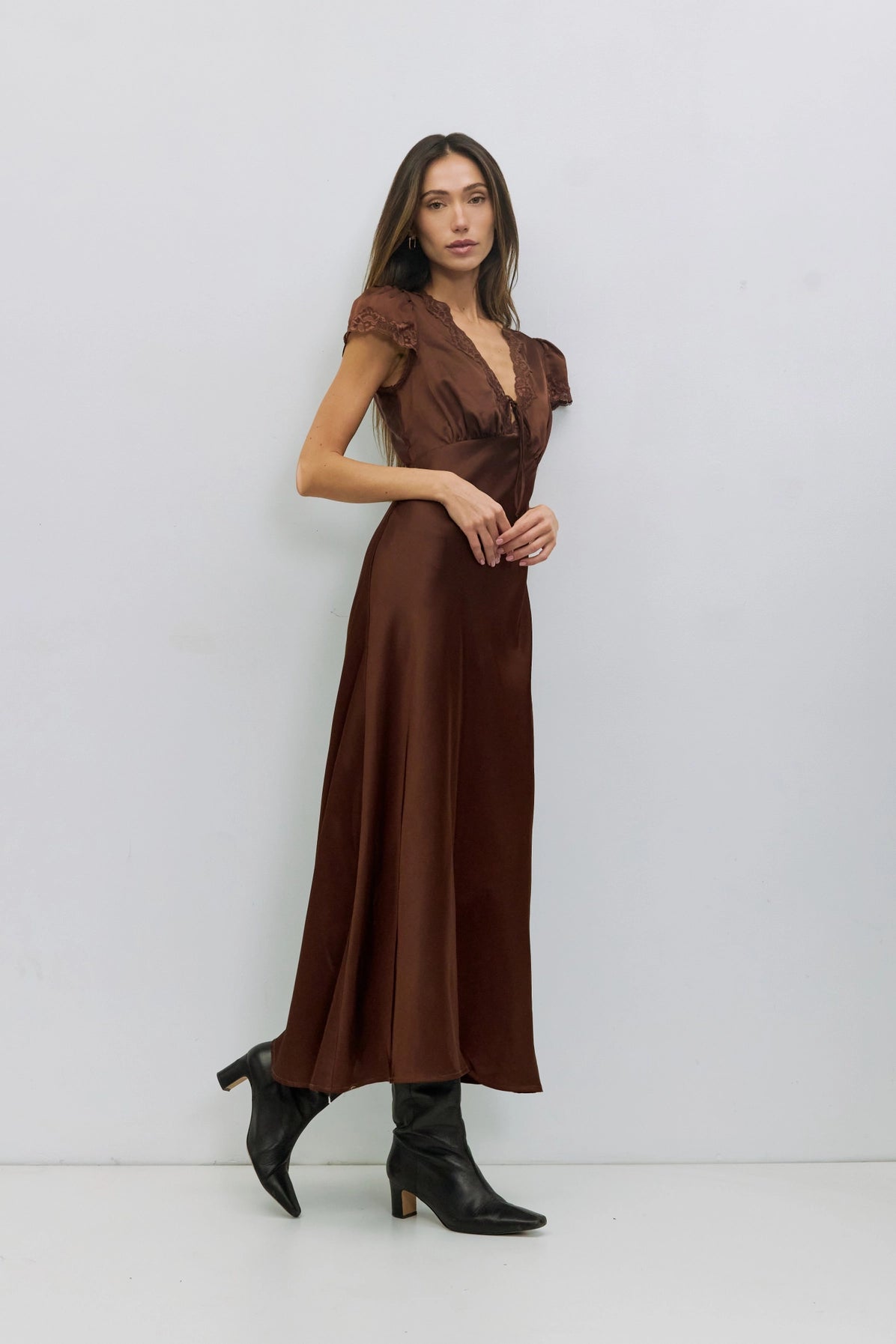 The Vivienne Dress | Lace Trim Satin Midi Dress