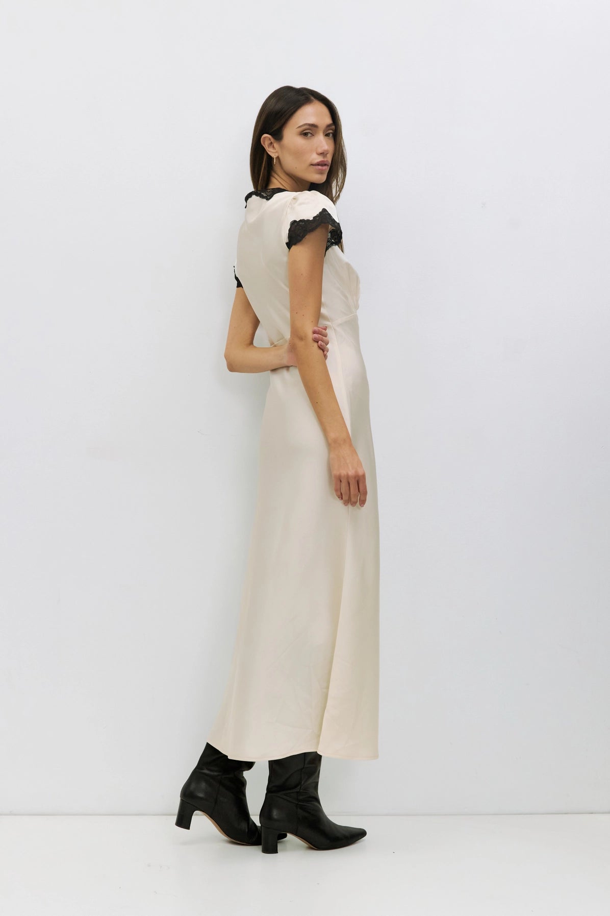 The Vivienne Dress | Lace Trim Satin Midi Dress