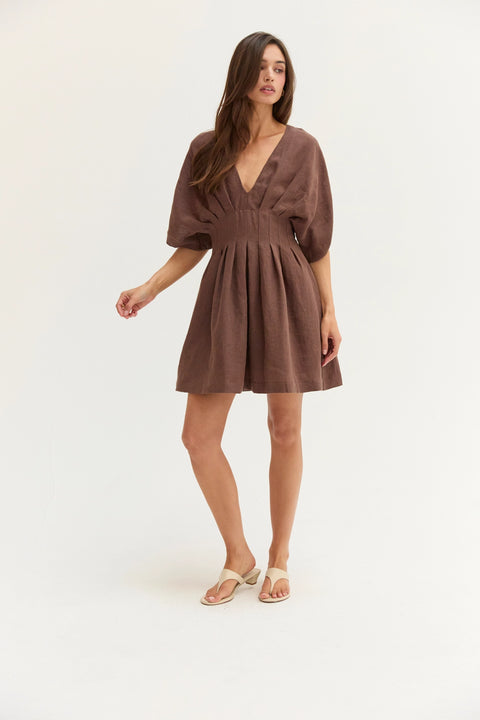 Thea Pleated Linen Mini Dress