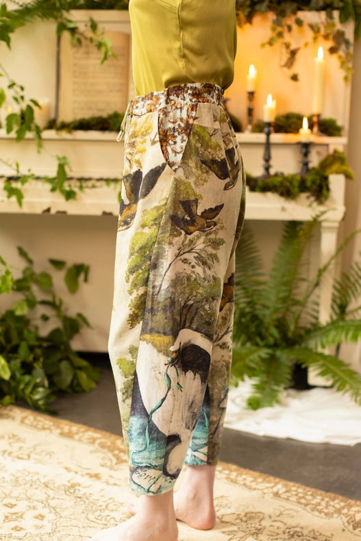 Theatre of Dreams Boho Linen Cropped Artist Pants with Swan-Pants-Market of Stars-length 86cm/34" waist (stretched) 104cm/41" around waist (unstretched) 84cm/32" hips 117cm/46".-Urbanheer